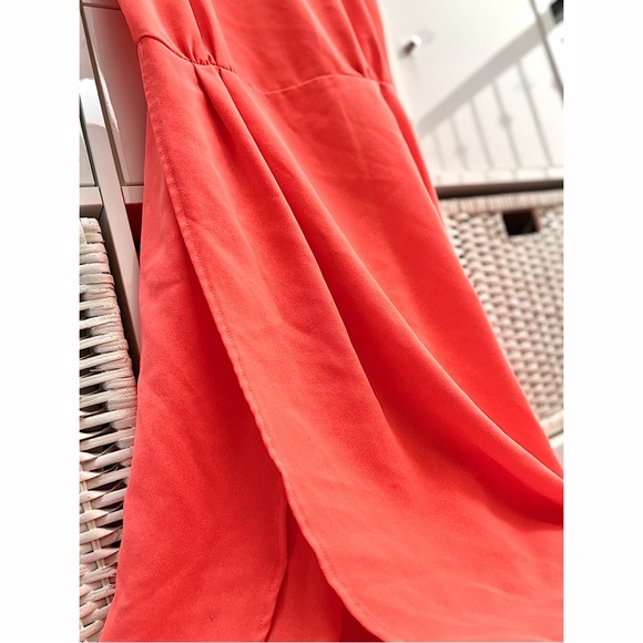 Sophia Neon Peach Pink Wrap Side Slit Asymmetrical Midi Dress - Picture 1 of 13